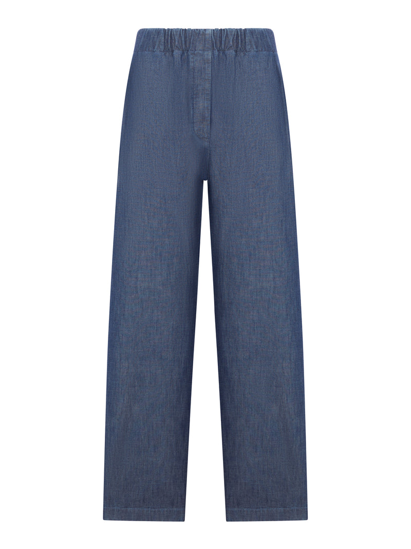 PANTALONI GAMBA AMPIA IN CHAMBRAY DI COTONE LEGGERO