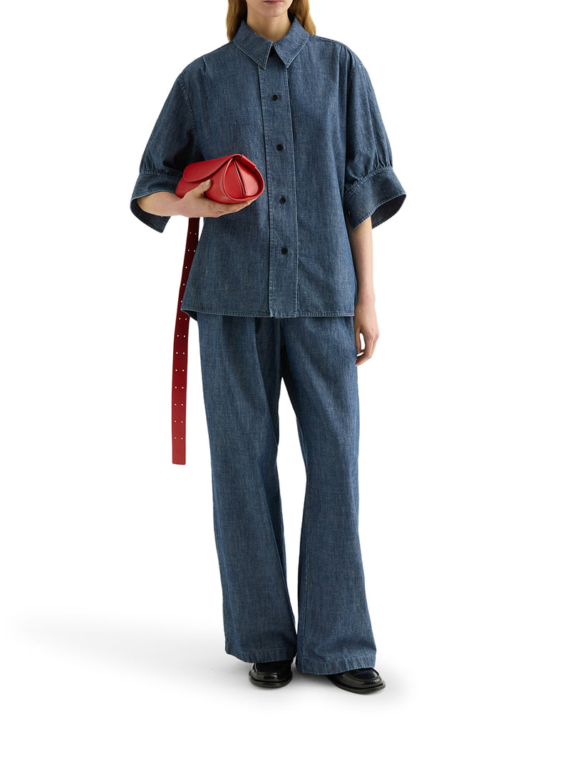 PANTALONI GAMBA AMPIA IN CHAMBRAY DI COTONE LEGGERO