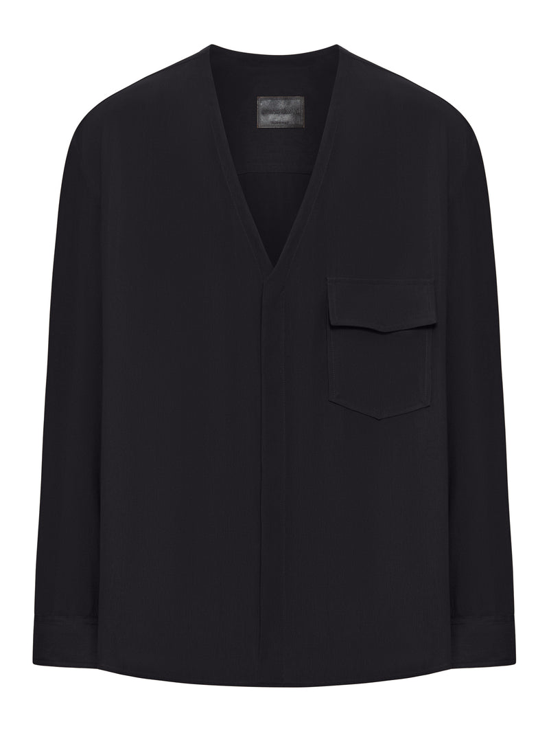 BLUSA IN VISCOSA CON SCOLLO A V E TASCA APPLICATA