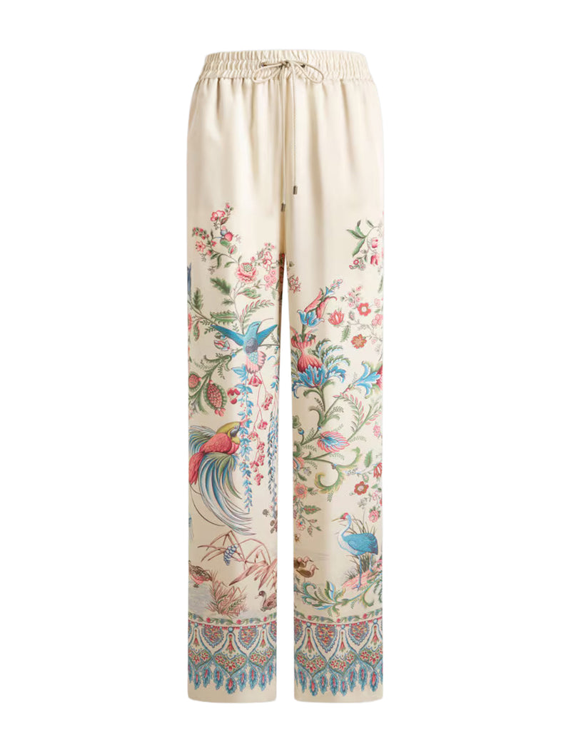 PANTALONI A GAMBA AMPIA CON STAMPA PIAZZATA FLORA E FAUNA