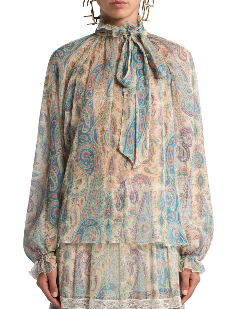 BLUSA IN CREPON DI SETA CON FOULARD E MOTIVO PAISLEY FOLIAGE