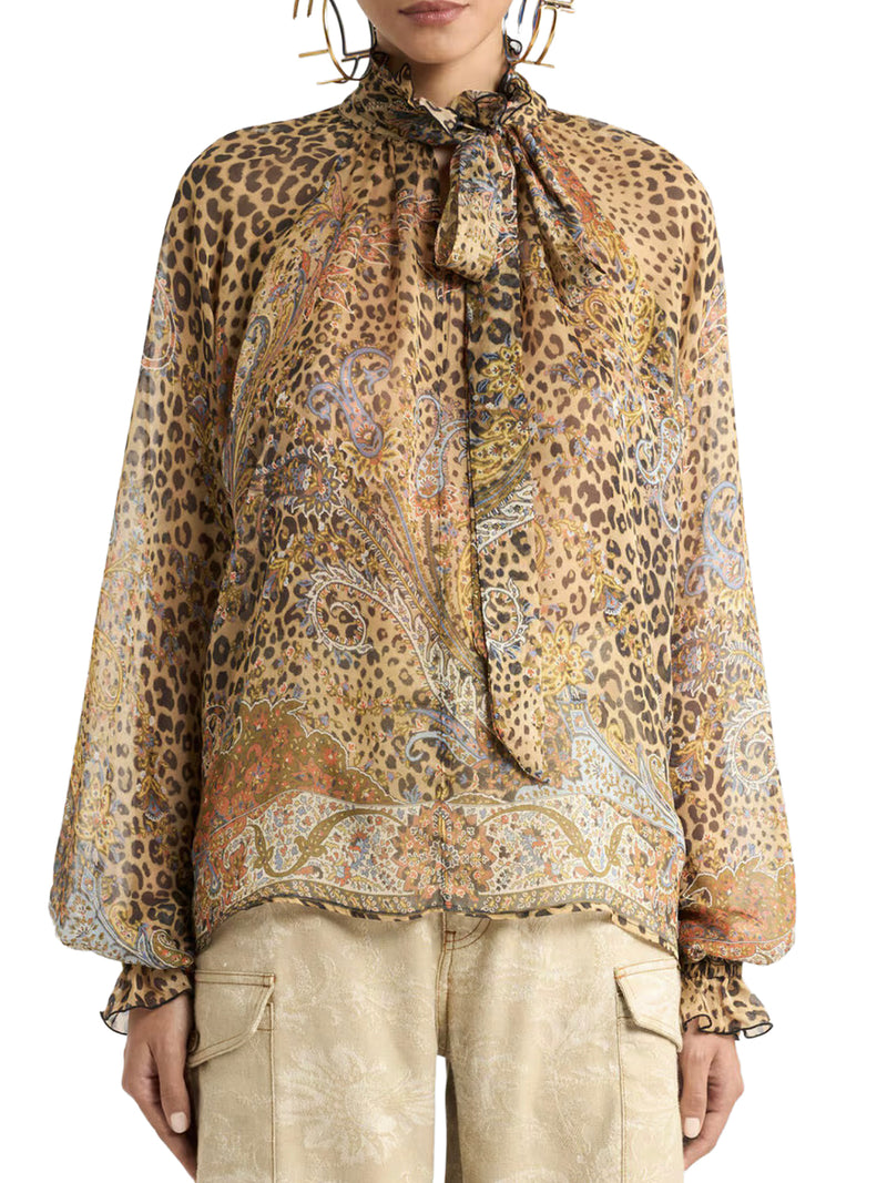 BLUSA IN CHIFFON DI SETA CON FOULARD E MOTIVO PAISLEY ANIMALIER