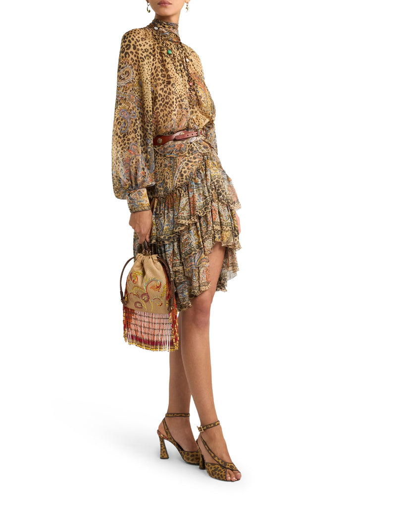 GONNA MINI A BALZE IN SETA STAMPA PAISLEY E ANIMALIER