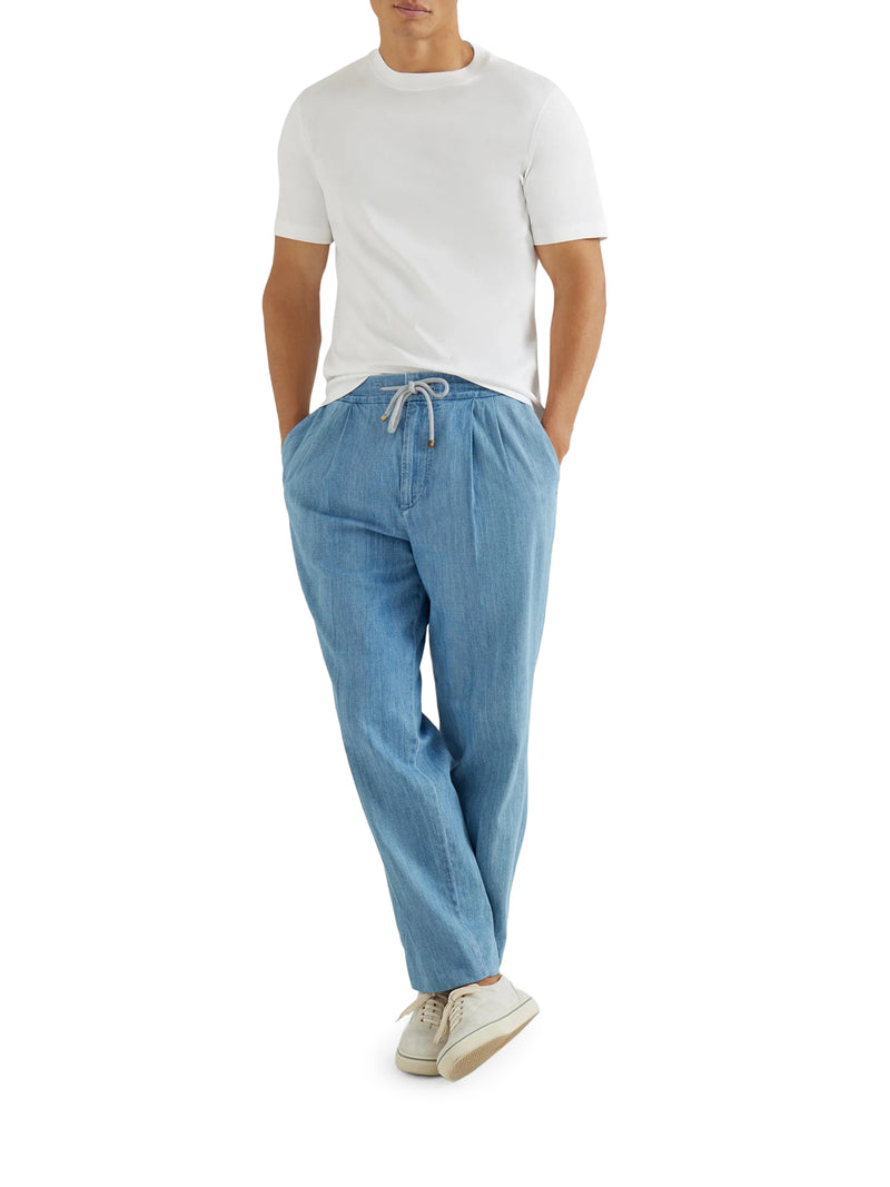 PANTALONE IN DENIM LEGGERO CON COULISSE E DOPPIA PINCE