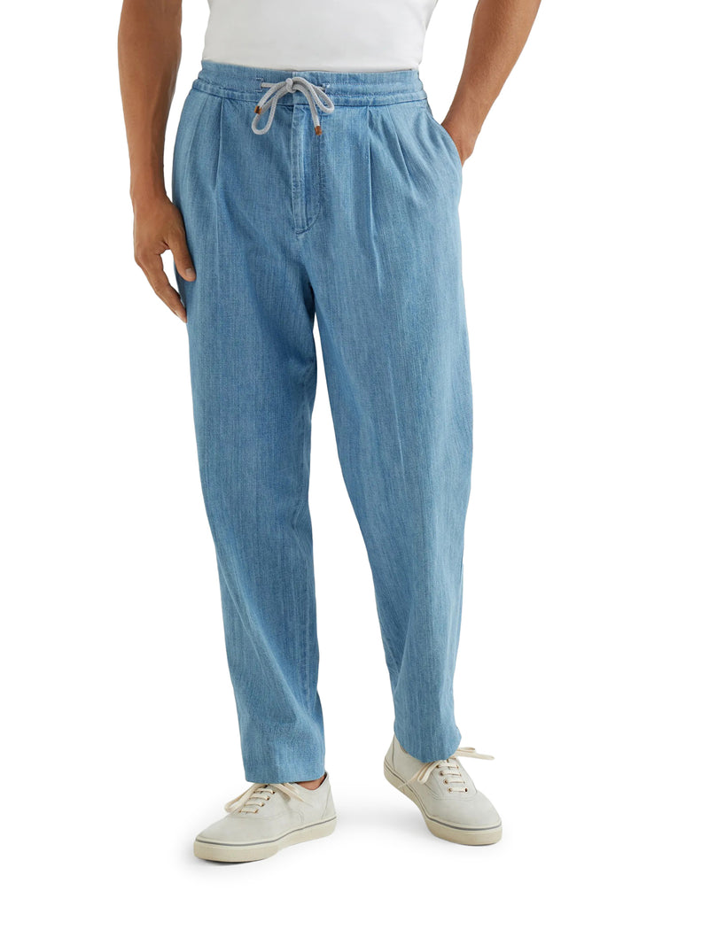 PANTALONE IN DENIM LEGGERO CON COULISSE E DOPPIA PINCE