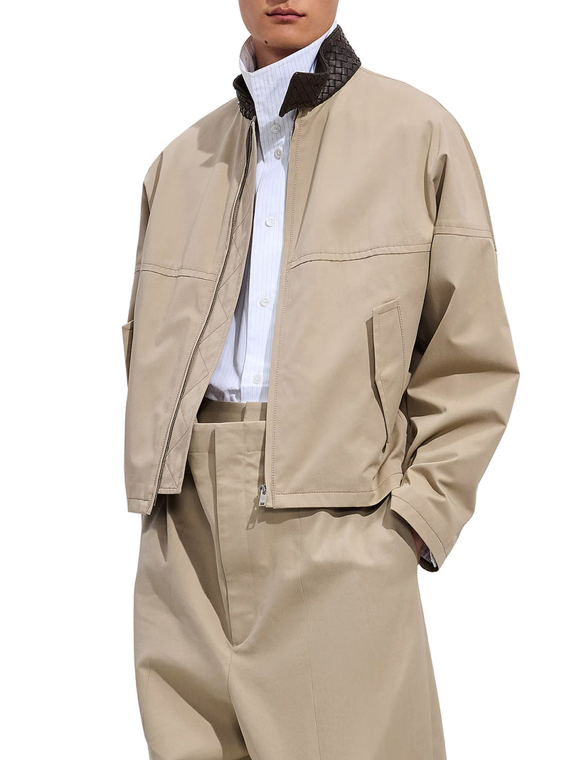 BLUSON IN COTONE CON COLLO IN PELLE INTRECCIATA