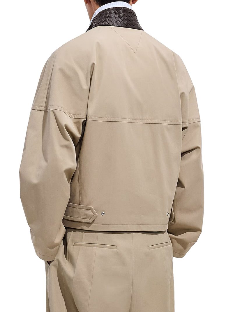 BLUSON IN COTONE CON COLLO IN PELLE INTRECCIATA