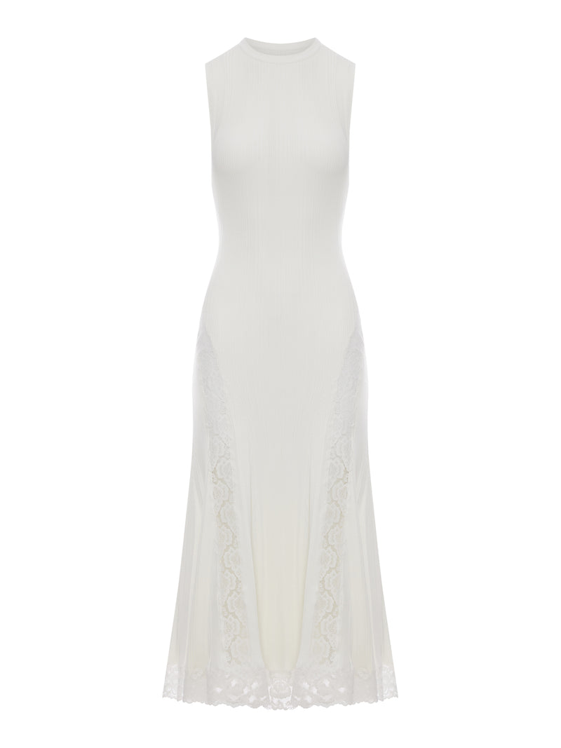 ABITO MIDI BIANCO IN MAGLIA CON INSERTI IN PIZZO