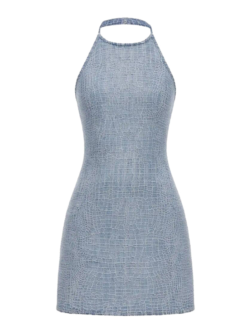 MINI ABITO IN DENIM EFFETTO COCCODRILLO CON STRASS
