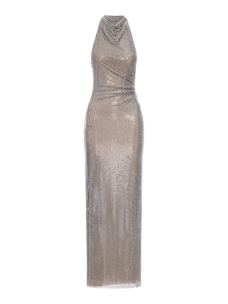 ABITO LUNGO GRIGIO CON DRAPPEGGIO E STRASS
