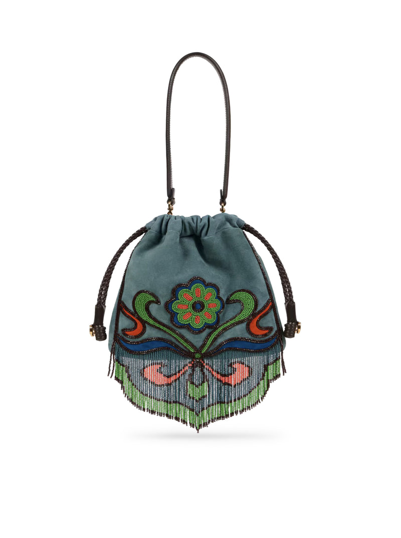 BORSA KALISPERA PICCOLA IN SUEDE CON PERLINE E FRANGE