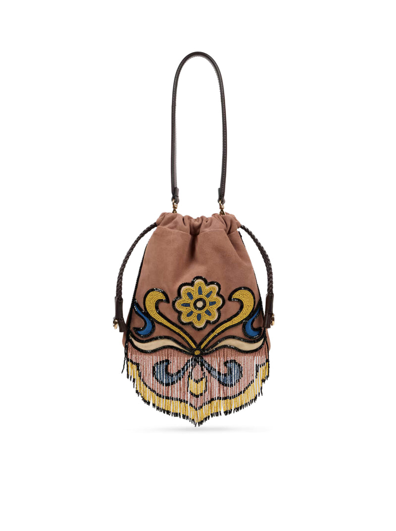 BORSA KALISPERA PICCOLA IN SUEDE CON PERLINE E FRANGE