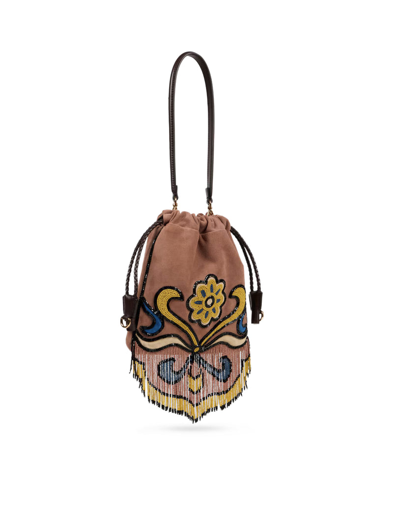 BORSA KALISPERA PICCOLA IN SUEDE CON PERLINE E FRANGE