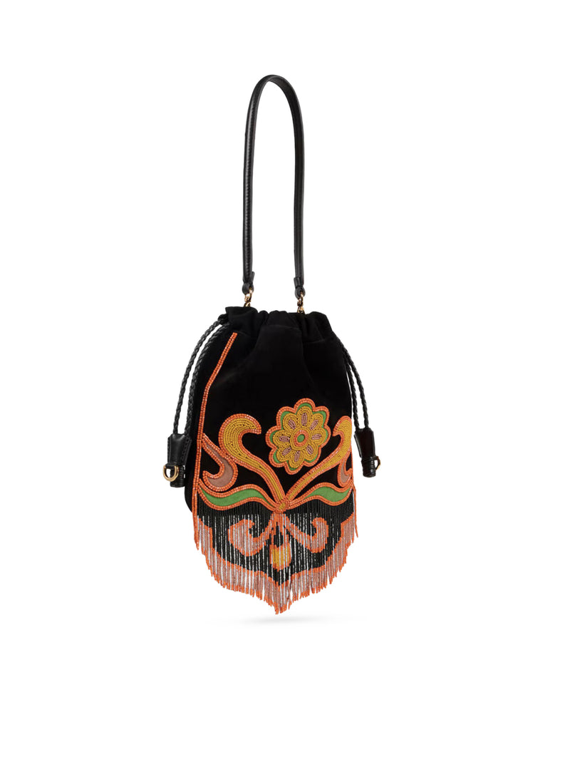 BORSA KALISPERA PICCOLA IN SUEDE CON PERLINE E FRANGE