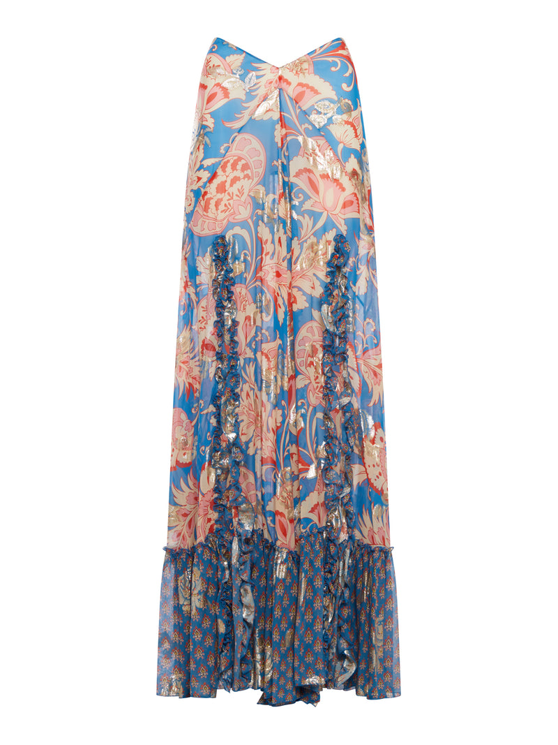 GONNA LUNGA IN SETA STAMPATA CON DETTAGLI LAMINATI ORO