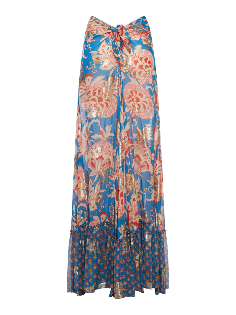 GONNA LUNGA IN SETA STAMPATA CON DETTAGLI LAMINATI ORO