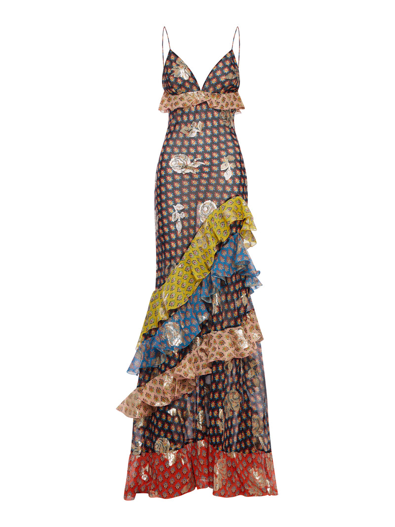 ABITO LUNGO PATCHWORK CON BALZE E SPALLINE SOTTILI