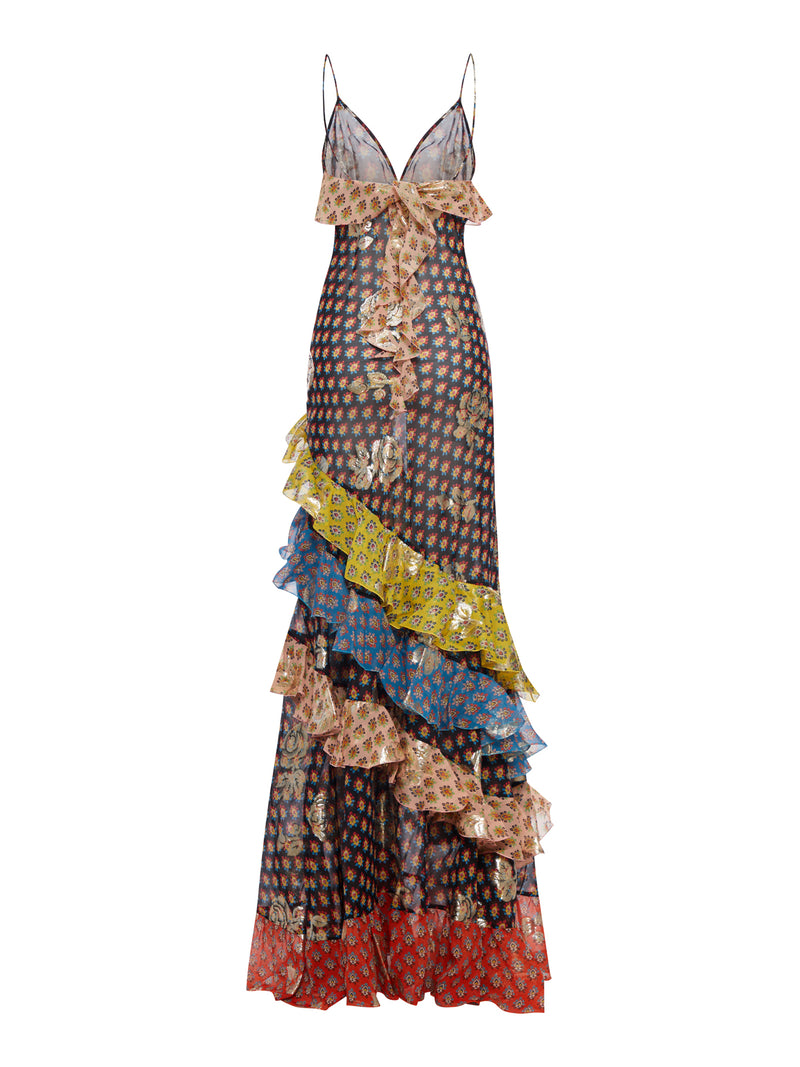 ABITO LUNGO PATCHWORK CON BALZE E SPALLINE SOTTILI