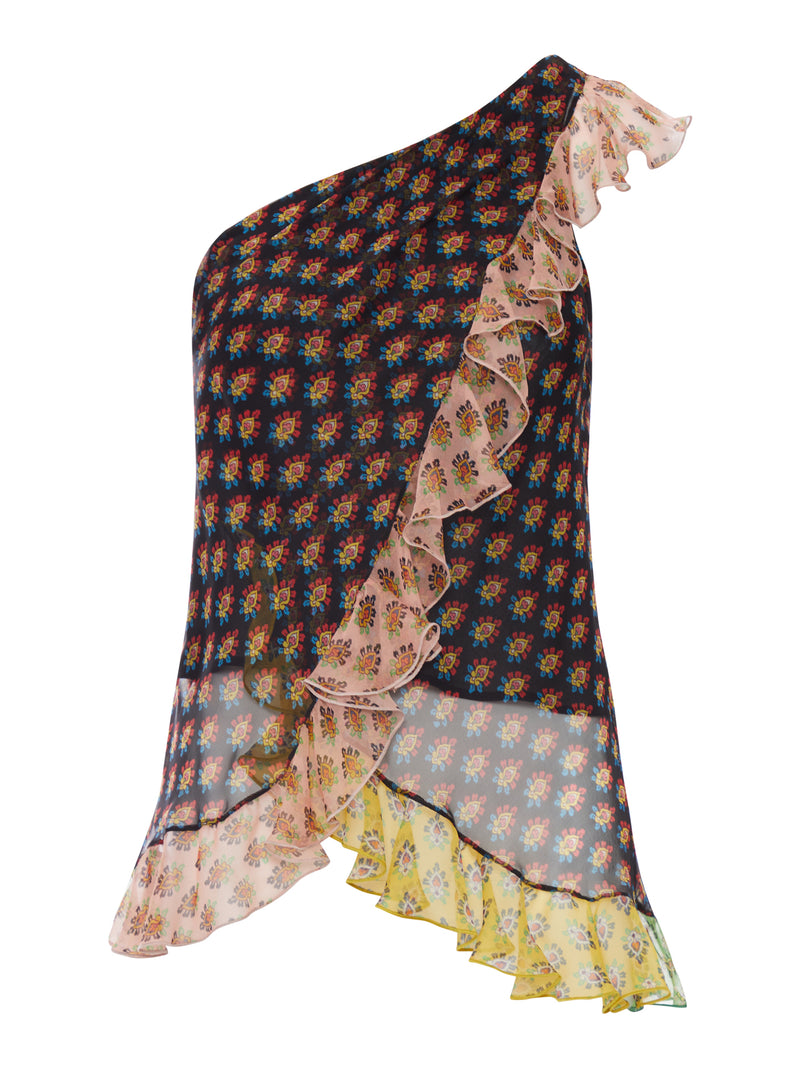 TOP ASIMMETRICO CON STAMPA MISCRO FLOREALE