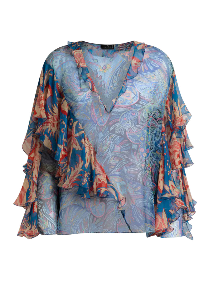 BLUSA IN SETA A MANICHE LUNGHE CON VOLANT