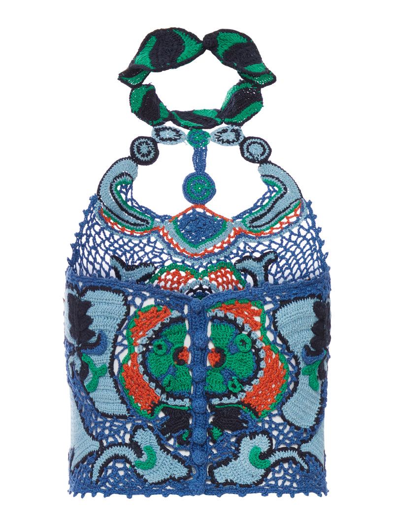 CROP TOP IN COTONE CON MOTIVO FLOREALE EFFETTO CROCHET