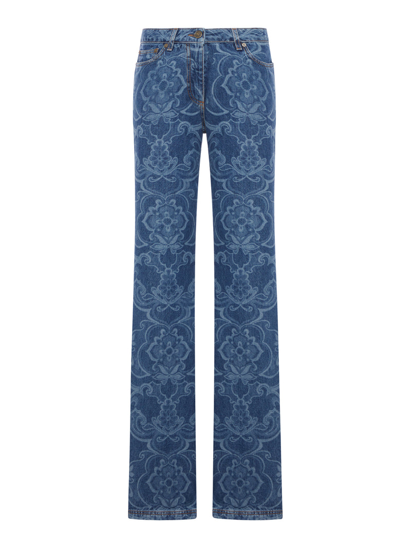 JEANS IN DENIM JACQUARD CON MOTIVO ORNAMENTALE