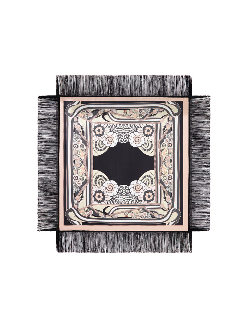 FOULARD IN SETA CON FRANGE E STAMPA ORNAMENTALE