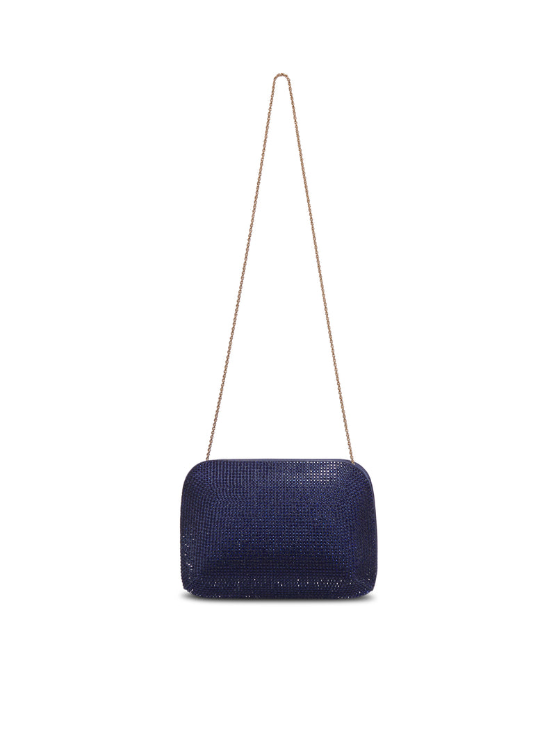 BORSA CLUTCH GIOIELLO IN SATIN CON CRISTALLI BLU E CATENA