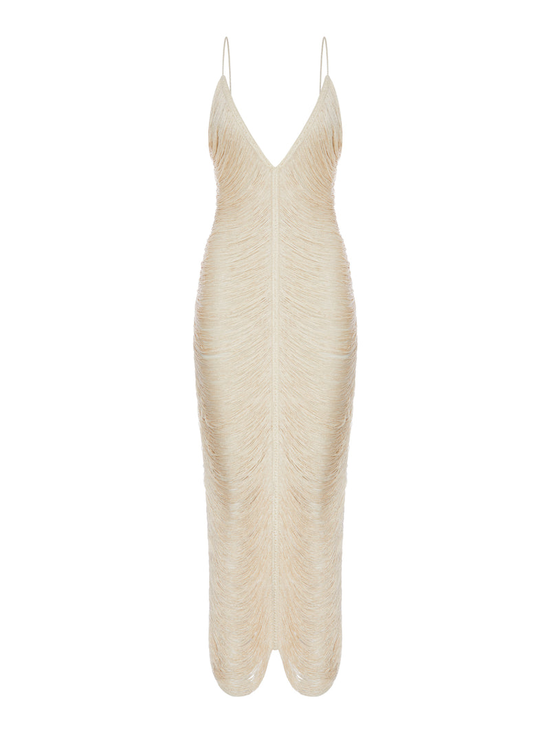 ABITO LUNGO SOLÉ CON FRANGE E SCOLLO A V