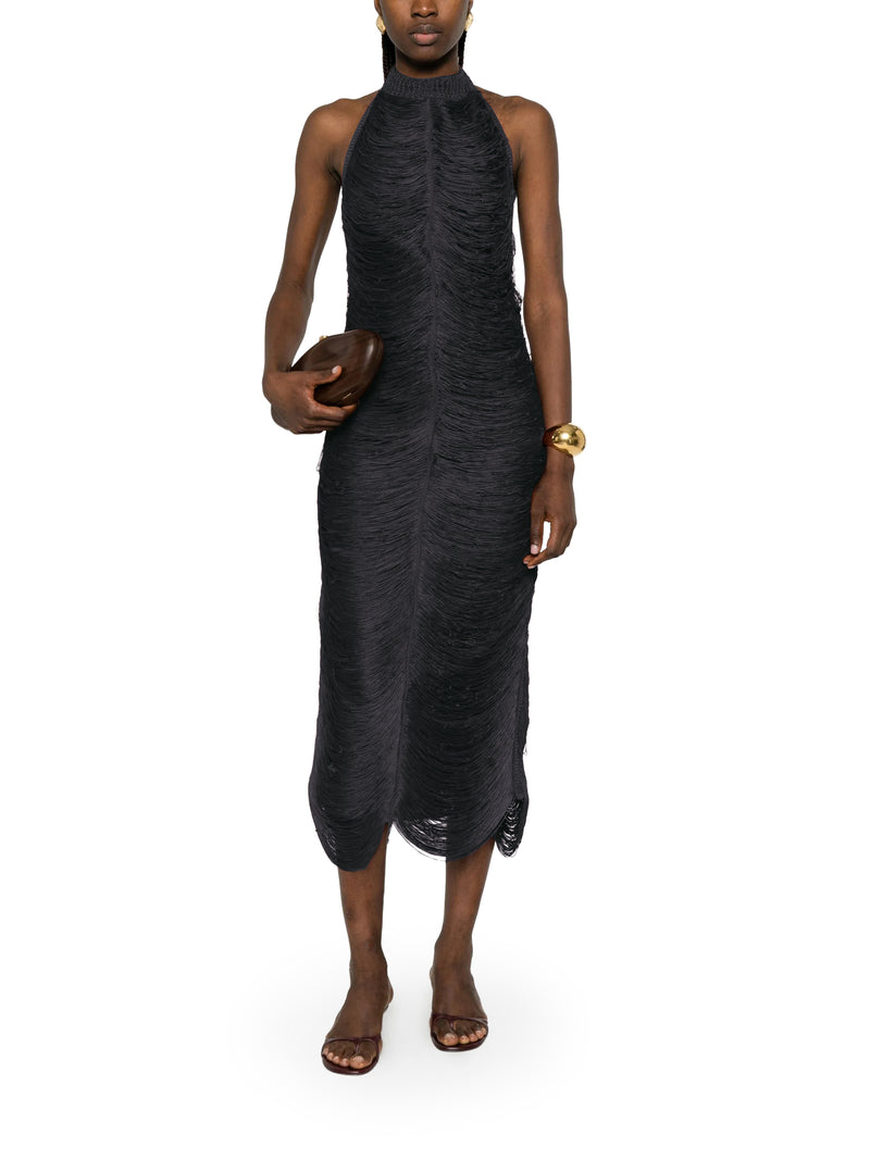 ABITO LUNGO BERYL CON FRANGE E SCOLLO ALL`AMERICANA