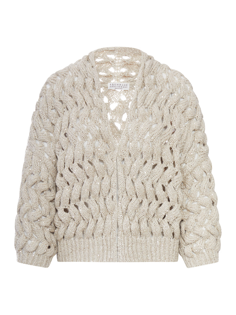 CARDIGAN IN MISTO LINO E SETA LAVORATO A MAGLIA CON PAILLETTES