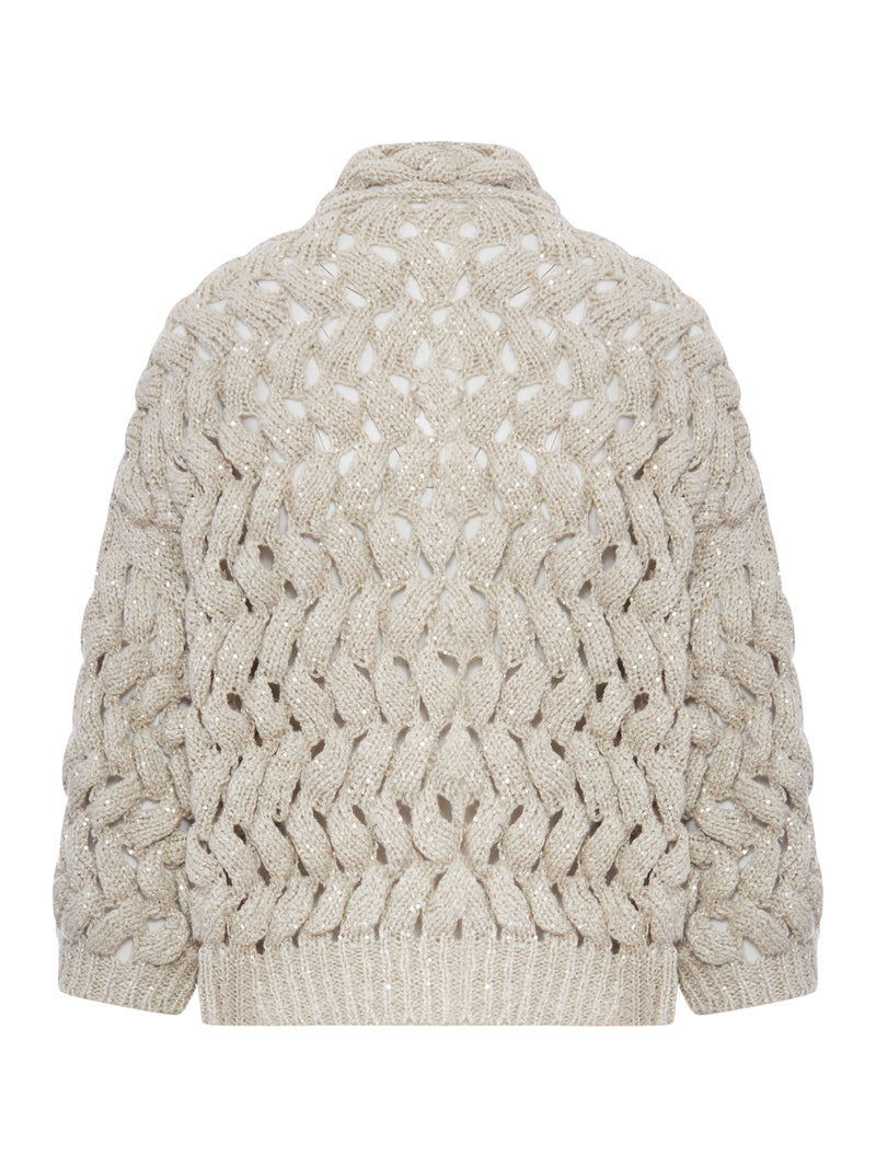 CARDIGAN IN MISTO LINO E SETA LAVORATO A MAGLIA CON PAILLETTES