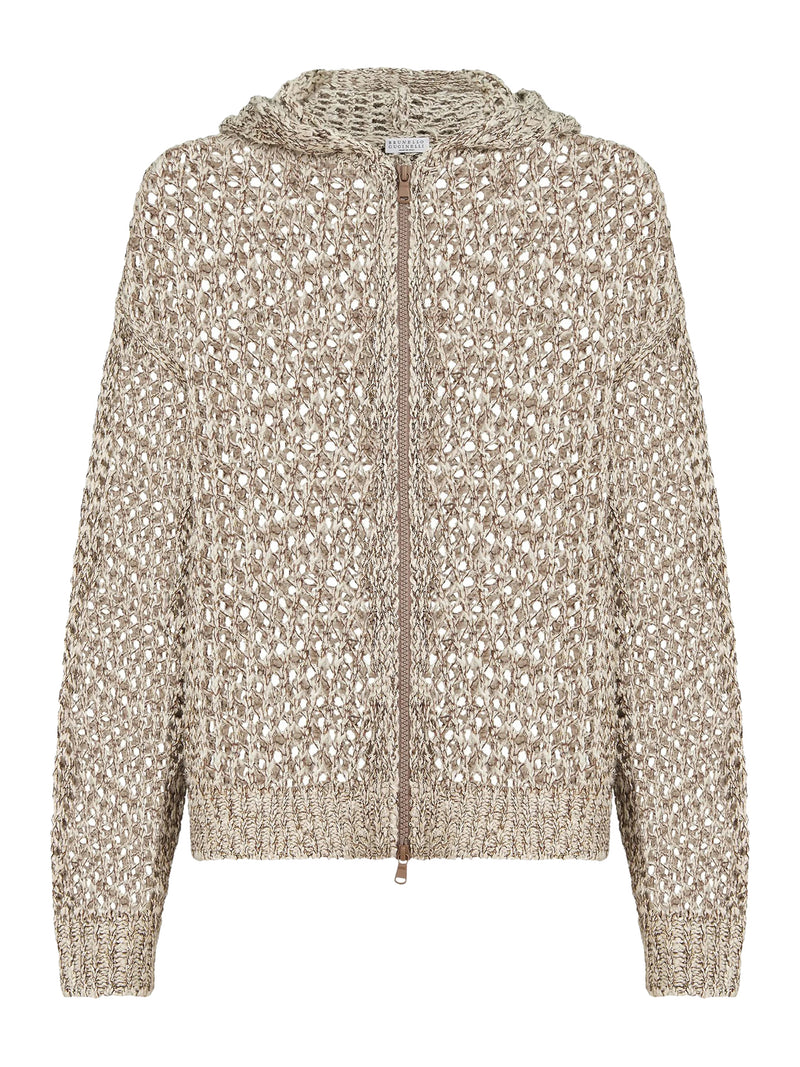 CARDIGAN DAZZLING IN MAGLIA CHINÉ DI SETA E LINO CON CAPPUCCIO E ZIP