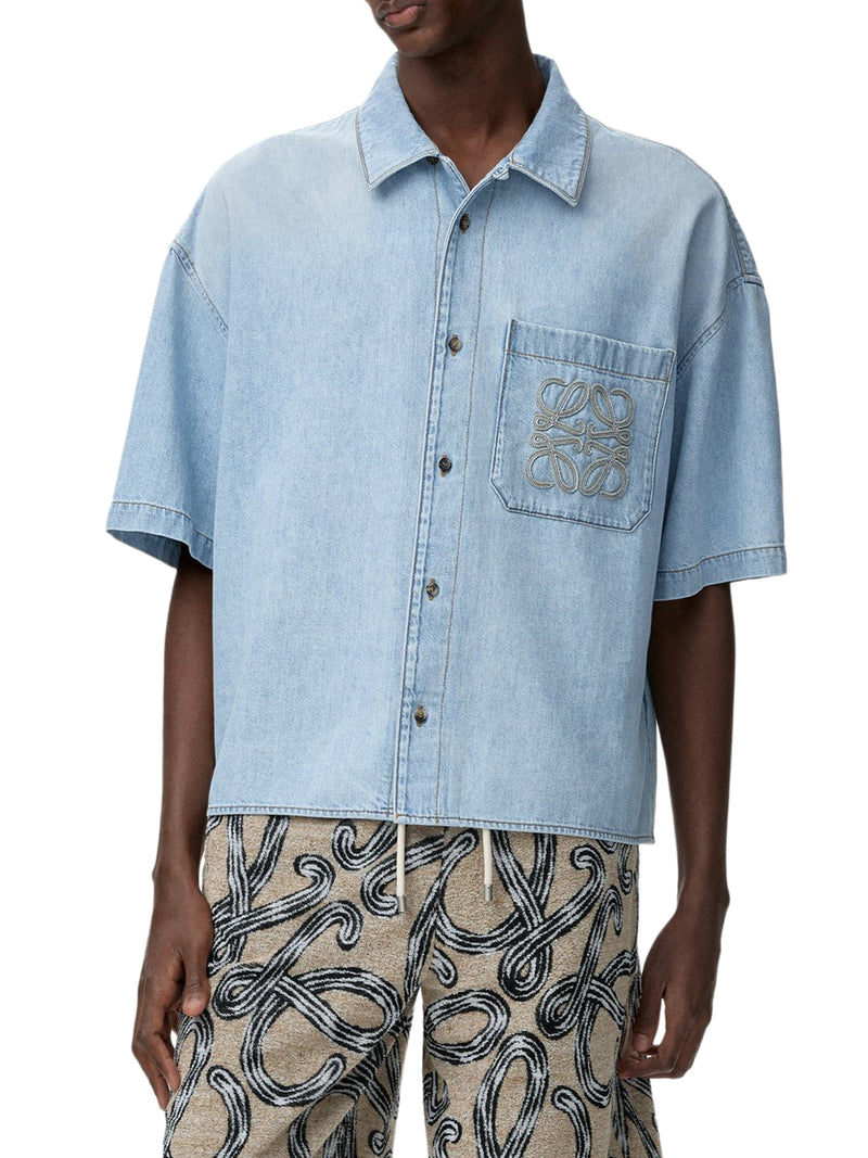 CAMICIA A MANICHE CORTE IN DENIM CON RICAMO ANAGRAM