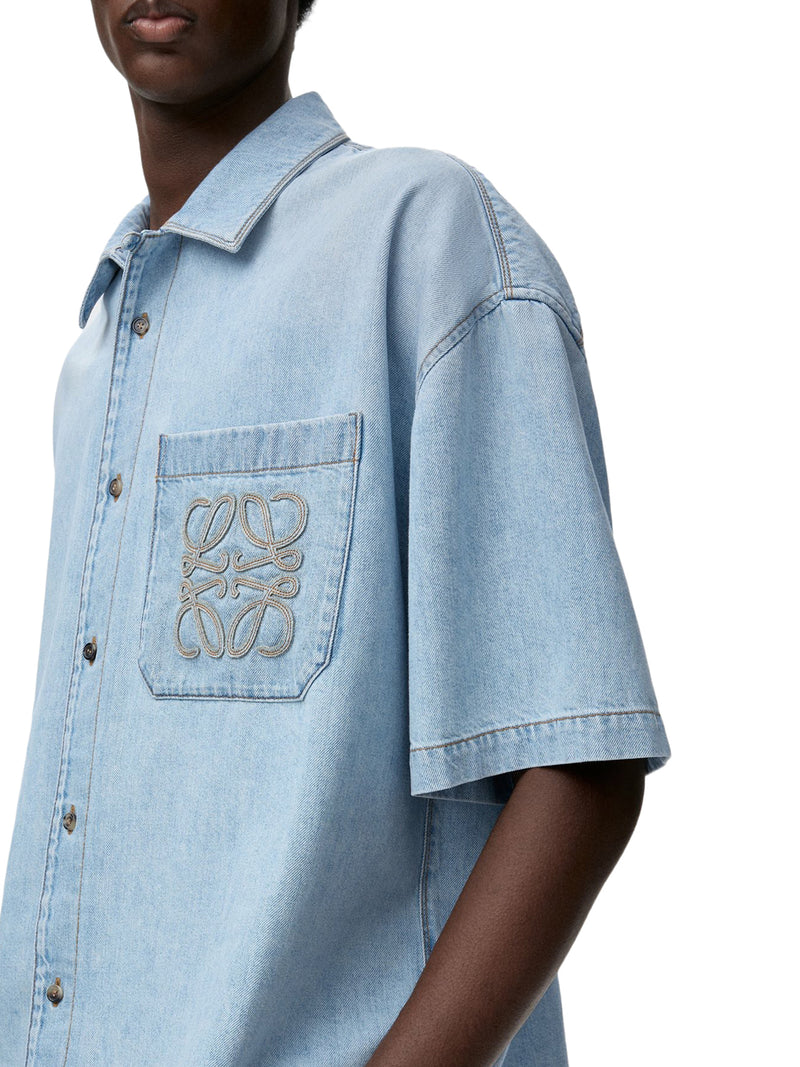 CAMICIA A MANICHE CORTE IN DENIM CON RICAMO ANAGRAM