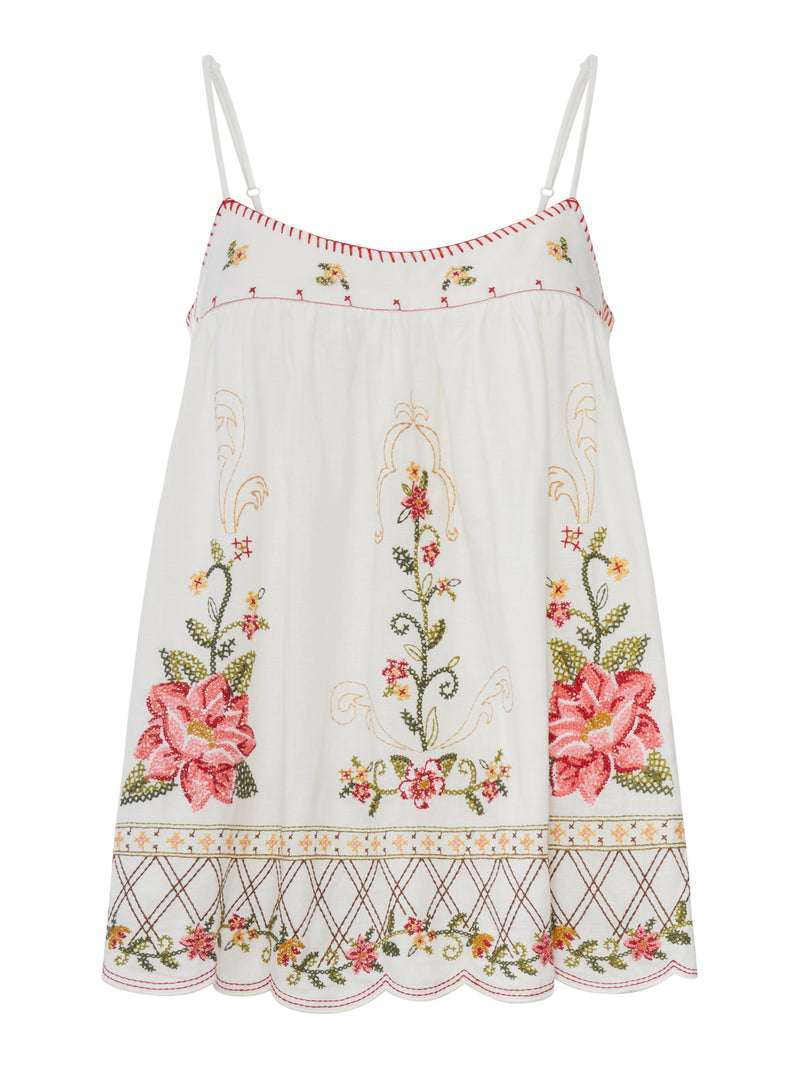 TOP IN MISTO LINO CON RICAMI FLOREALI