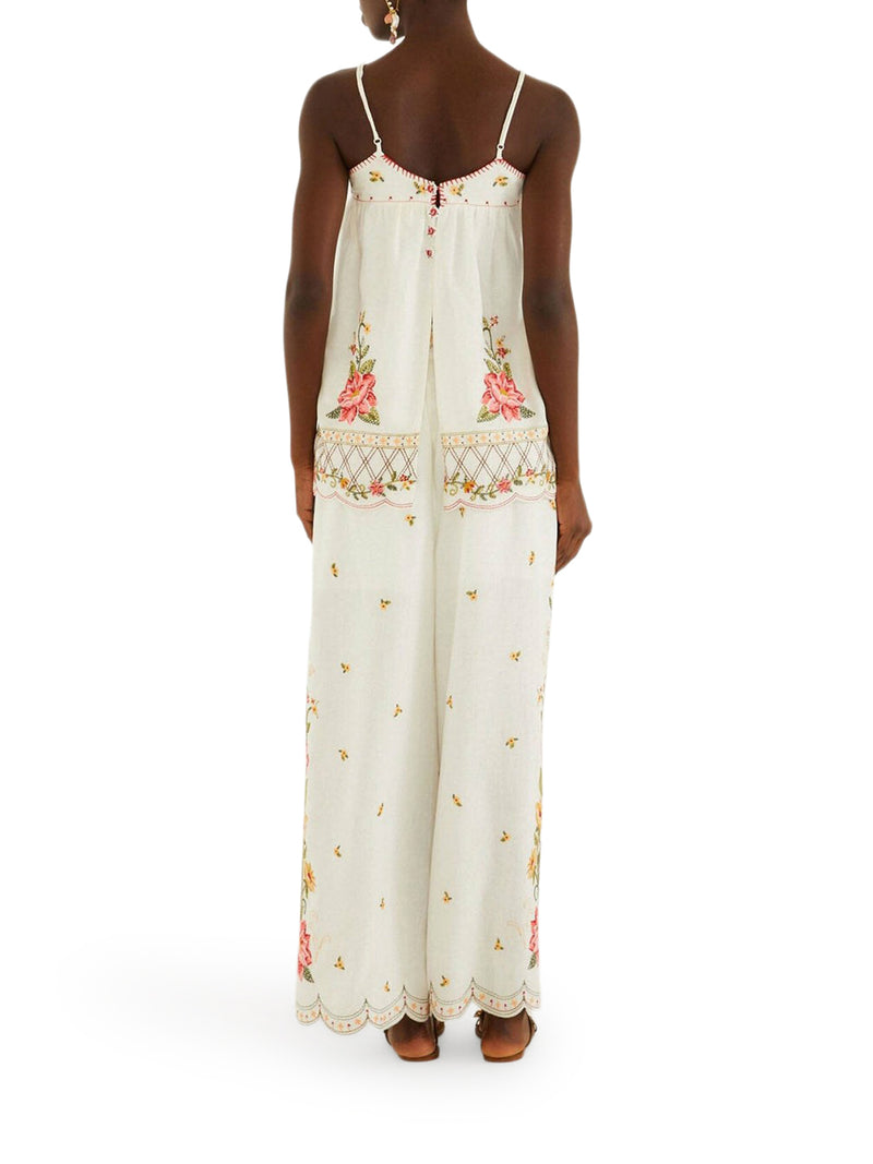 TOP IN MISTO LINO CON RICAMI FLOREALI