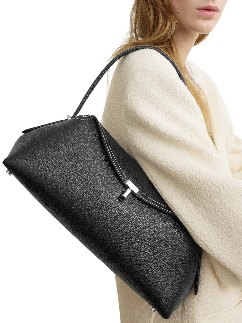 BORSA T-LOCK IN PELLE CON IMPUNTURE A CONTRASTO
