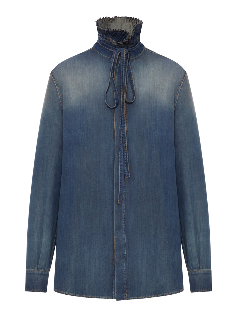 BLUSA LUNGA CON COLLETTO ANNODABILE IN DENIM DI COTONE