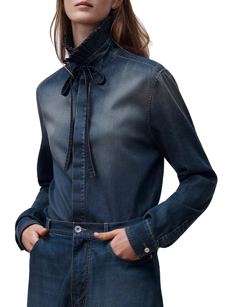 BLUSA LUNGA CON COLLETTO ANNODABILE IN DENIM DI COTONE