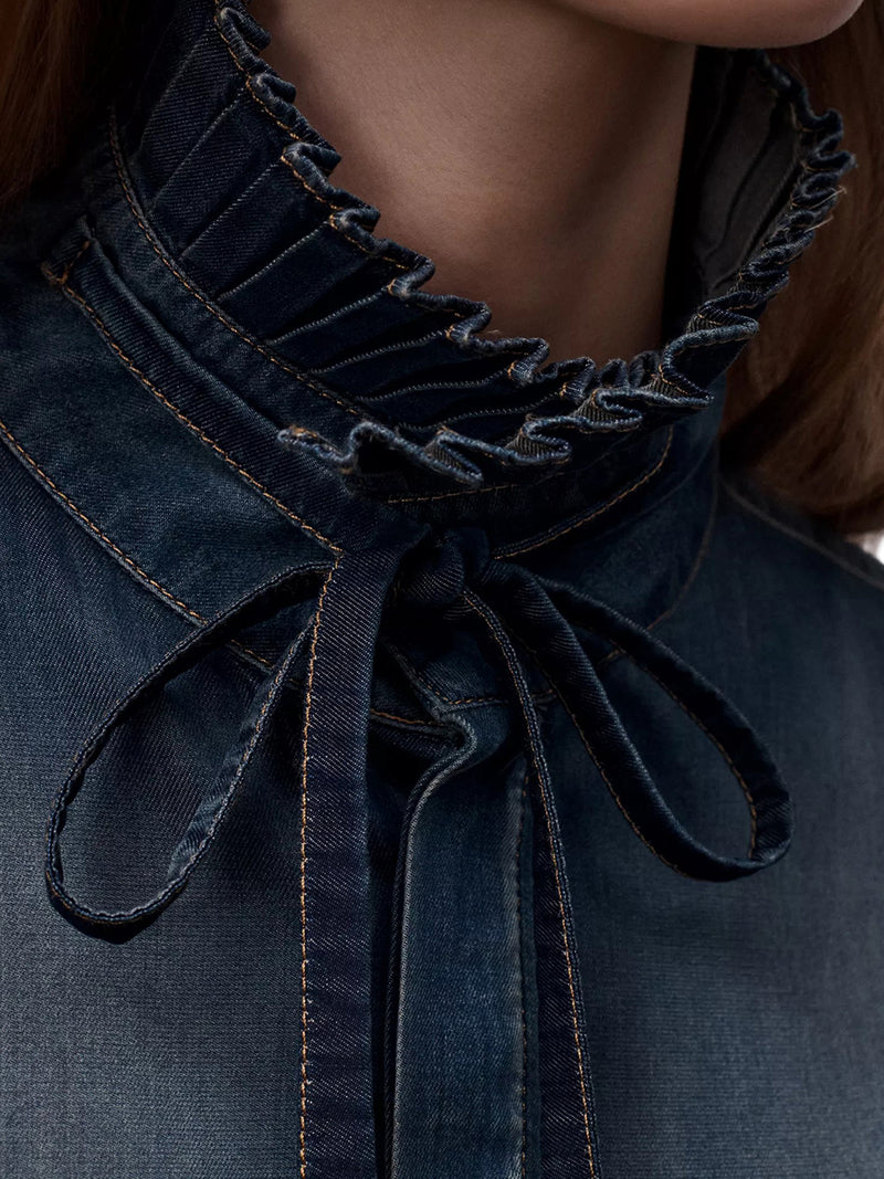 BLUSA LUNGA CON COLLETTO ANNODABILE IN DENIM DI COTONE