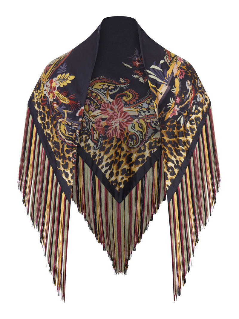 FOULARD IN SETA STAMPATA CON FRANGE MULTICOLOR