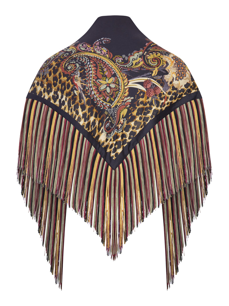 FOULARD IN SETA STAMPATA CON FRANGE MULTICOLOR