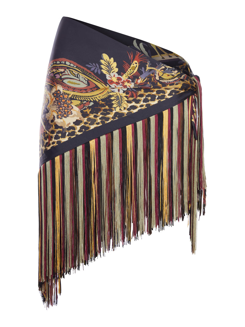 FOULARD IN SETA STAMPATA CON FRANGE MULTICOLOR