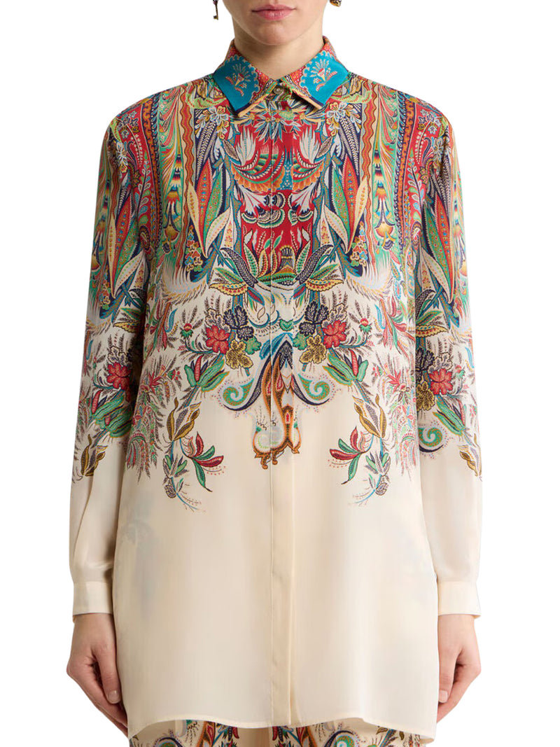 CAMICIA LUNGA IN SETA CON STAMPA PIAZZATA PAISLEY FOLIAGE