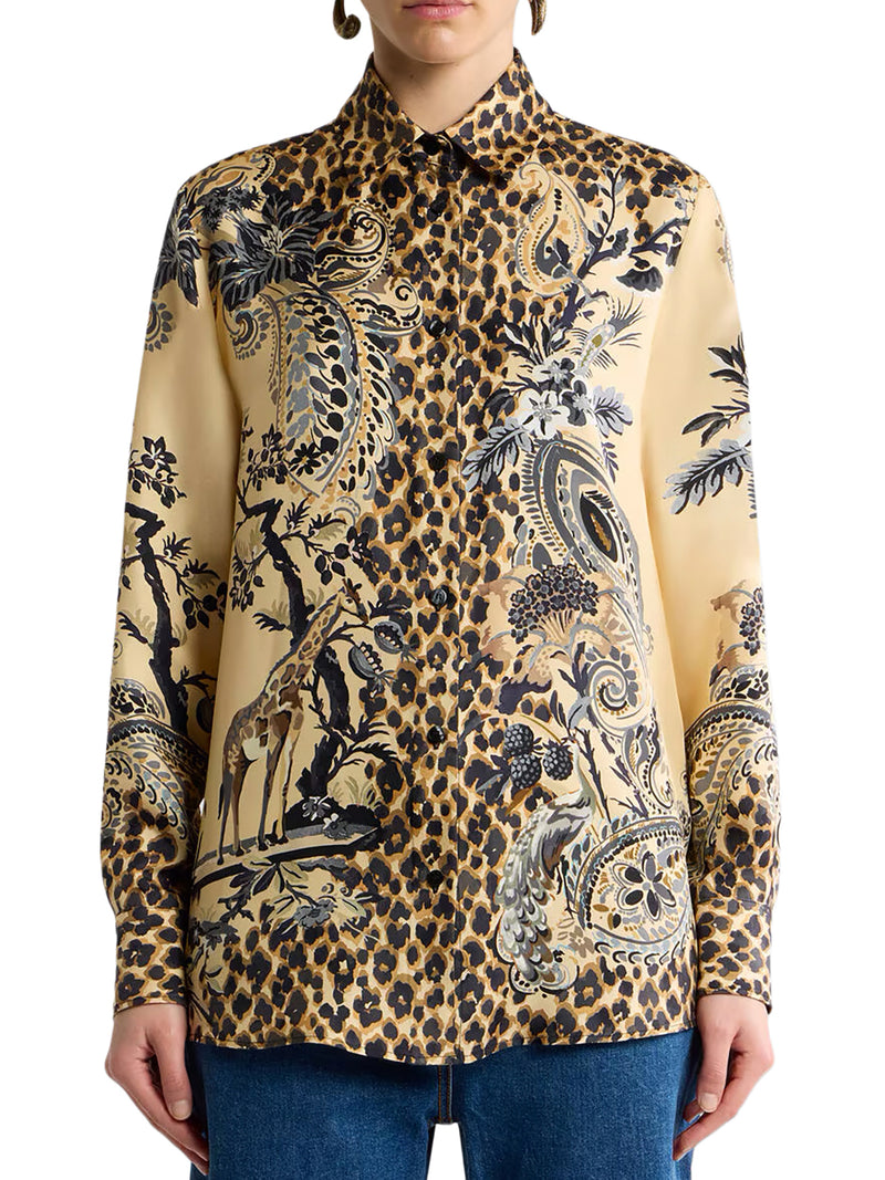 CAMICIA IN SETA CON STAMPA LEOPARDATA PIAZZATA
