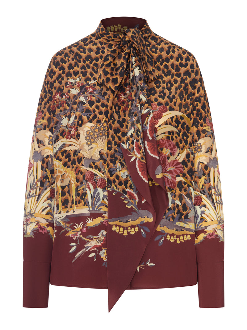 CAMICIA IN TESSUTO STAMPATO ANIMALIER E FLOREALE CON FIOCCO AL COLLO