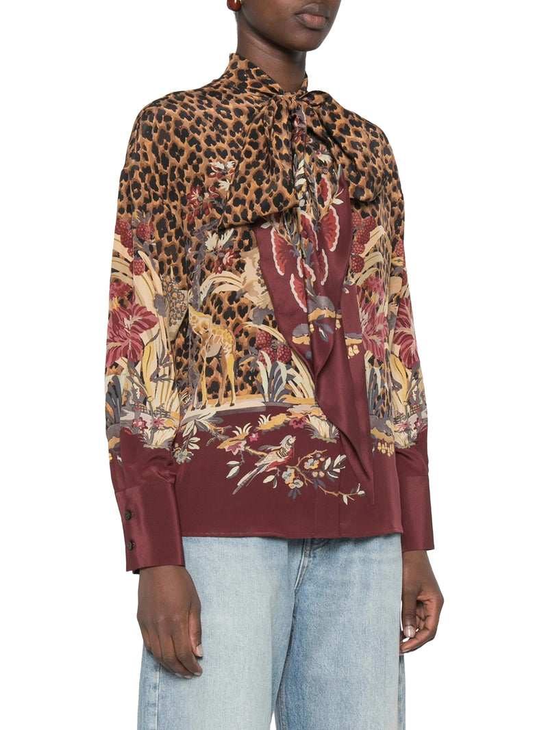 CAMICIA IN TESSUTO STAMPATO ANIMALIER E FLOREALE CON FIOCCO AL COLLO