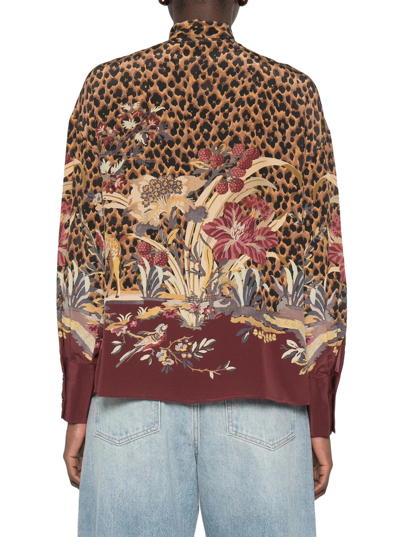 CAMICIA IN TESSUTO STAMPATO ANIMALIER E FLOREALE CON FIOCCO AL COLLO