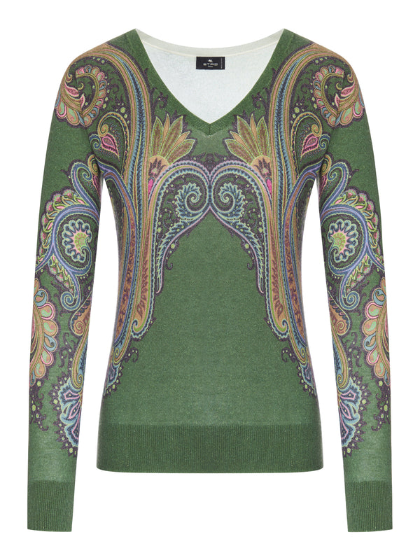 MAGLIA IN SETA E CASHMERE CON SCOLLO A V E STAMPA PAISLEY PIAZZATA